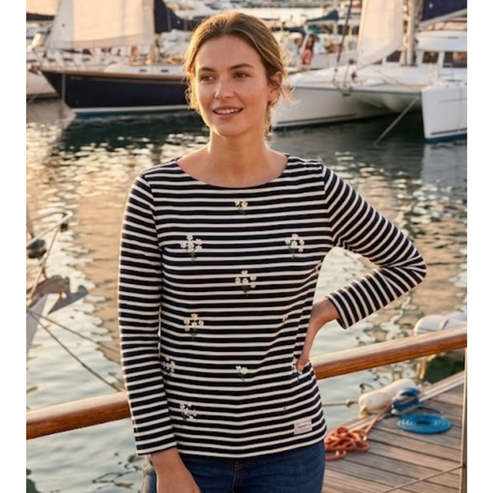 Talbots Navy White Stripe Top Daisy Embroidered Medium Cotton Nautical Coastal